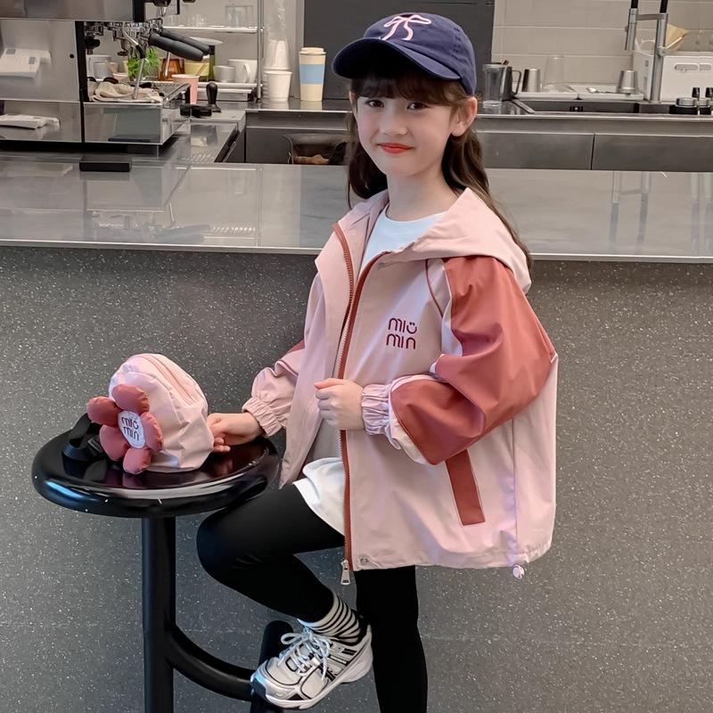 2025 Girls' Fashion Hooded Windbreaker Jacket - Color Block Spring & Autumn Outerwear