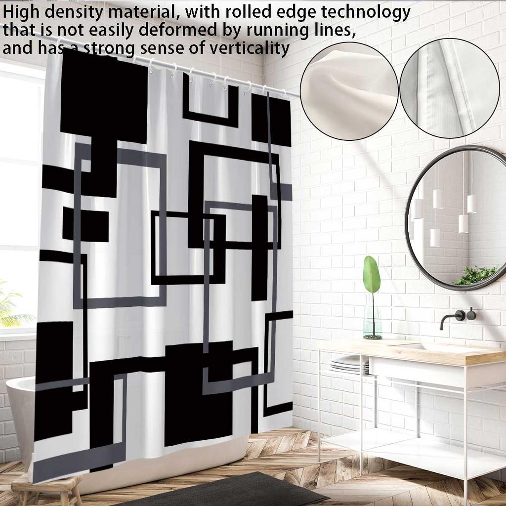 1Pc Black And White Abstract Geometry Shower Curtain,With 12 Hooks,Machine Washable, For Shower Partition And Privacy Protection