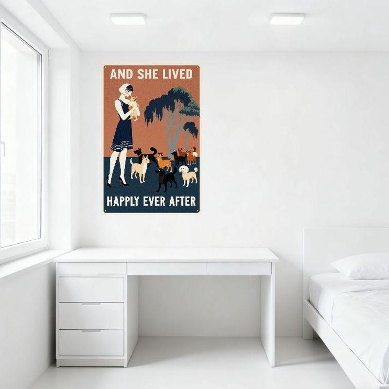 Vintage Und Sie Lebte Glücklich Bis An Ihr Lebensende Metallschild, Art Deco Stil Frau & Hunde Blechposter für Bar Heim Wanddekoration, Retro Metall