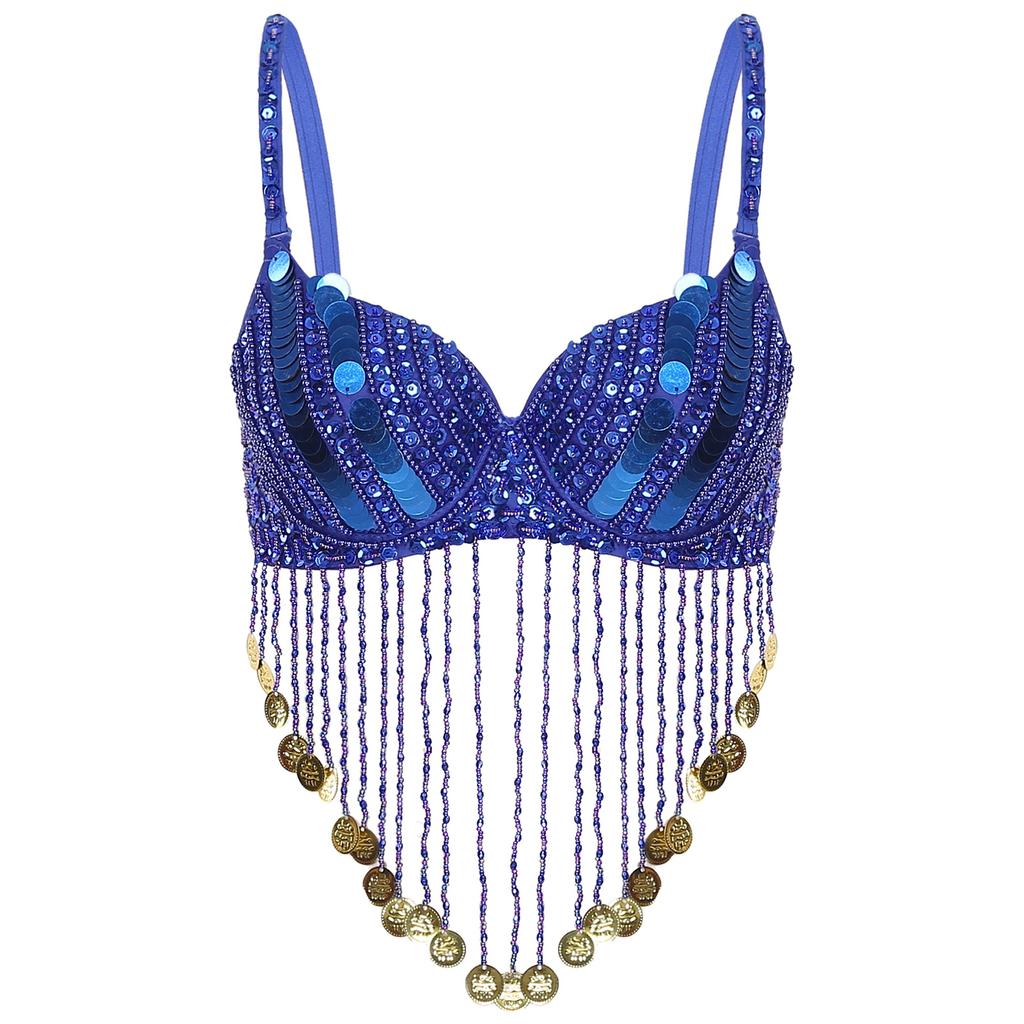 Womens Belly Dance Bra Adjustable Straps Design Shiny Sequins Plastic Beaded Tassels Underwired Costume