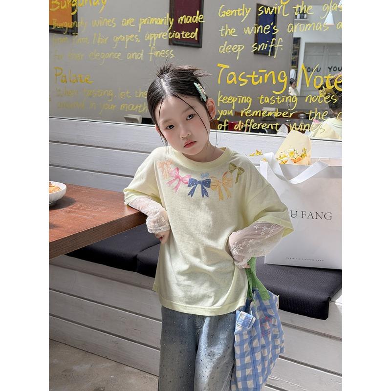 Girls Sweet Korean Style Fake Two Piece Lace Patchwork Short Sleeve T Shirt