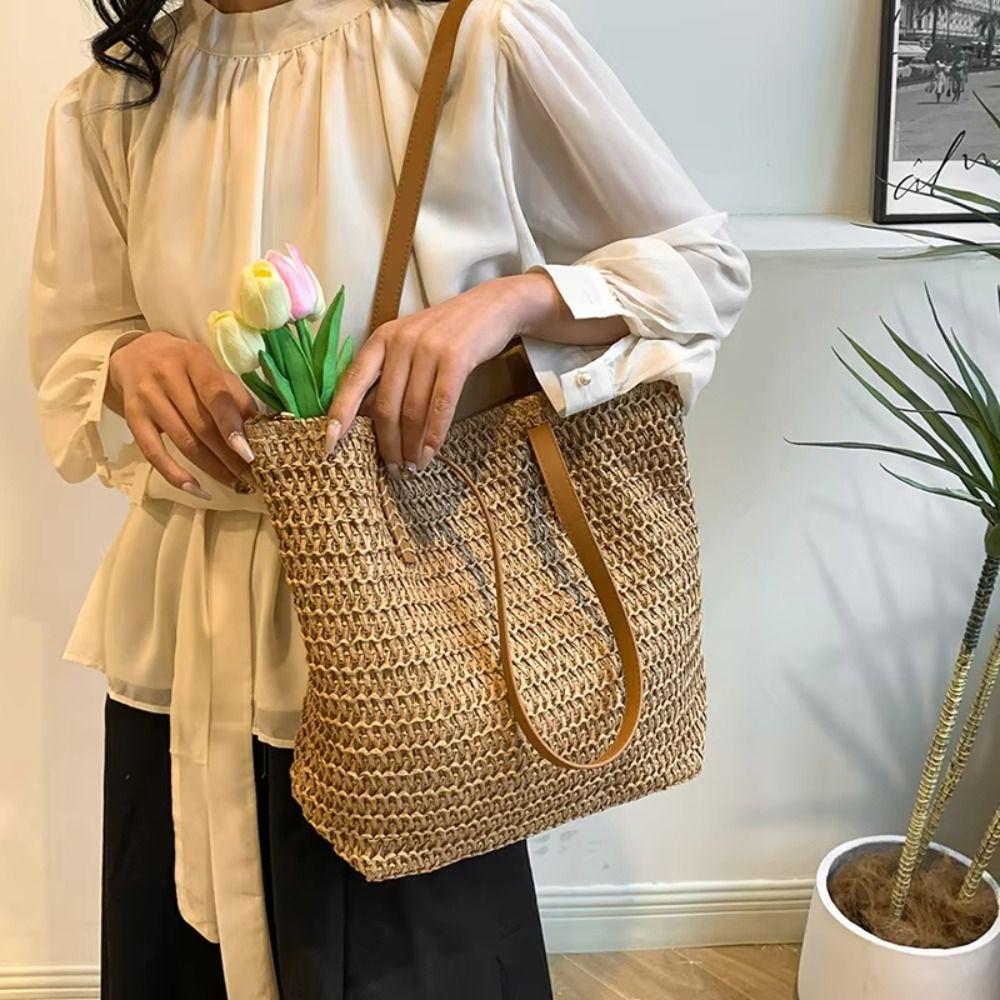 Square Beach Handbag Zipper Raffia Shoulder Bag Casual Weave Straw Tote Bag  Spring