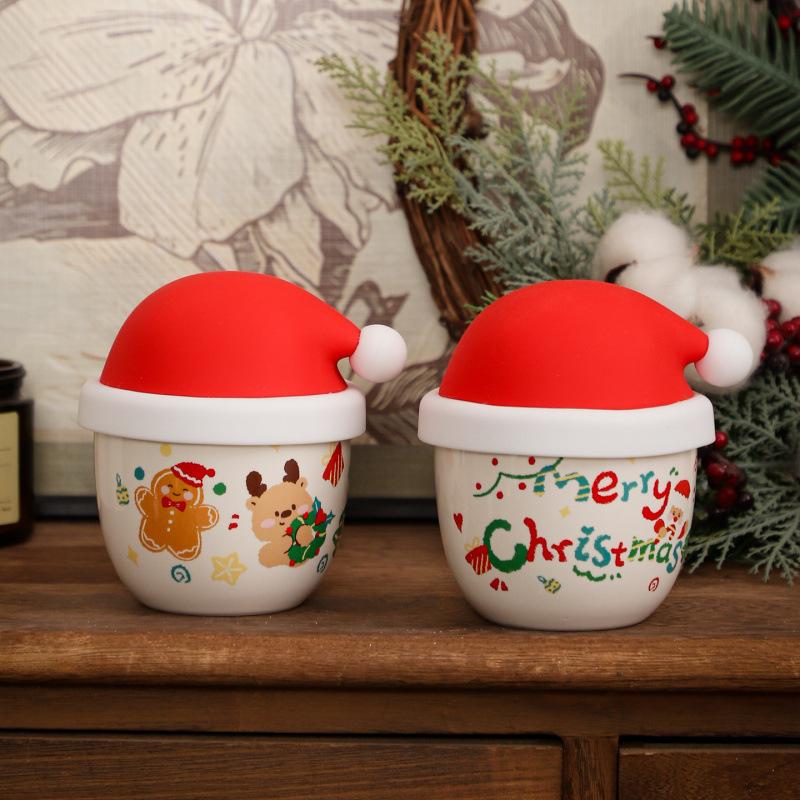 High-value cute creative water cup Christmas hat cup Girls ceramic mug Office coffee cup with lid gift