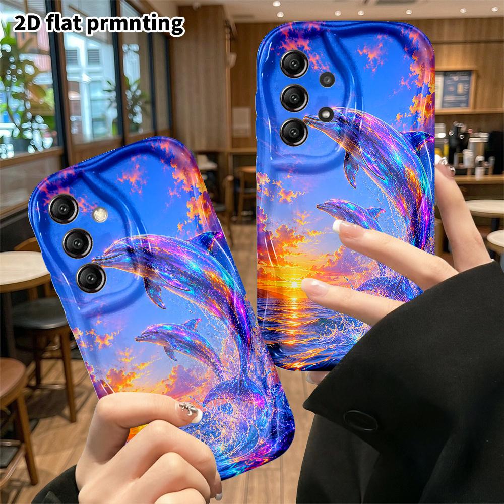Phone Case: 2D Flat Samsung Galaxy A34 A35 M05 M06 S20 S22 S21 FE Plus 5G Protective Case, Colorful Holographic Dolphin, Christmas and Halloween Gift