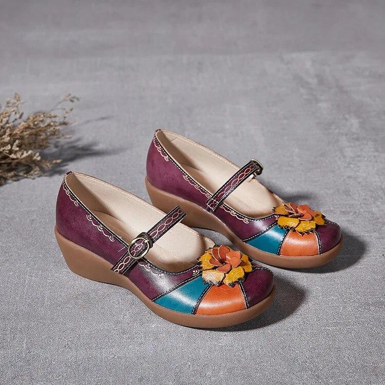 Johnature Vintage Flower Colour Wedges Sandals Genuine Leather Handmade Ethnic Style Comfortable Women Shoes