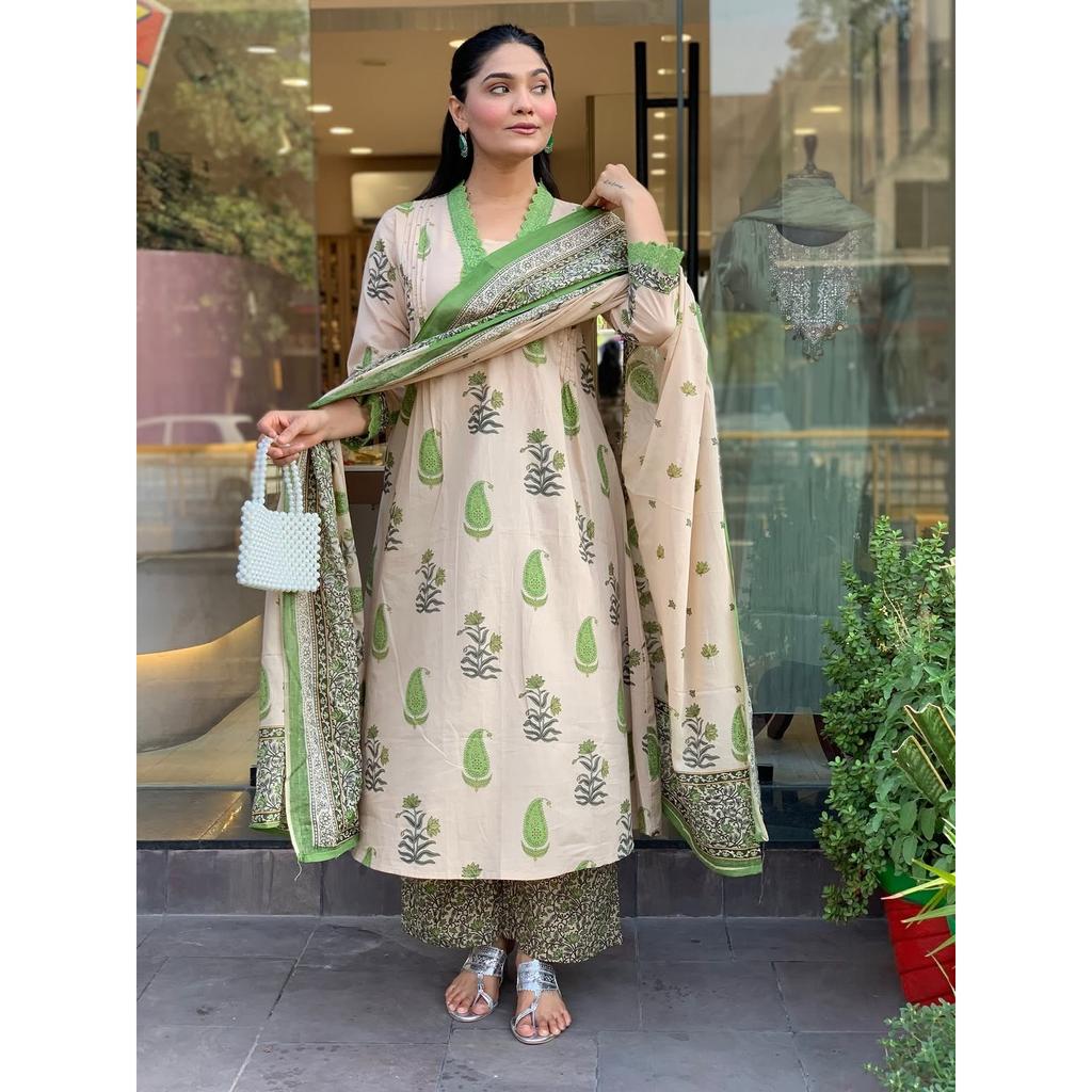 Beautiful Blockprinted Aline Kurta Palazzo Dupattas Set Indian Women's Kurti Set