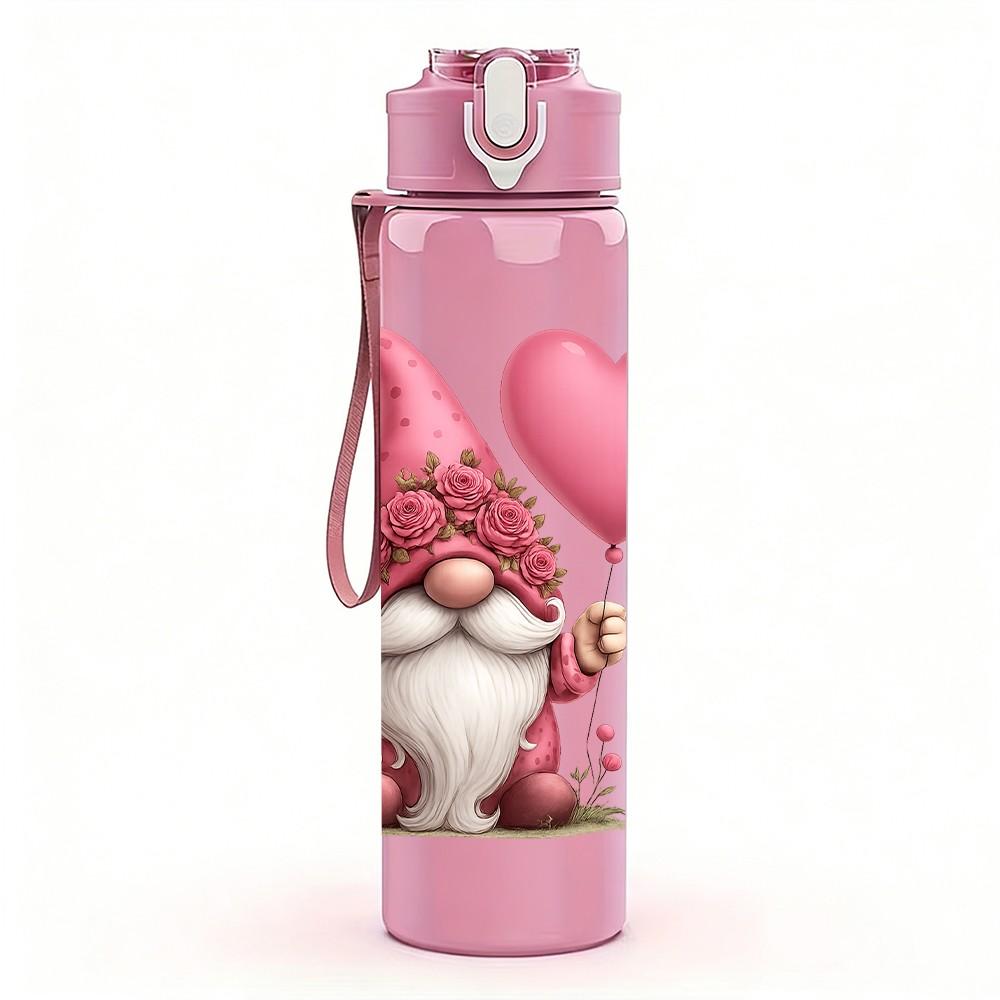 1PC Cute Pink Heart Gnome Pattern 750ml Color Plastic Sports Water Bottle Leakproof Flip Straw Lid Suitable for Sports Office Home Use