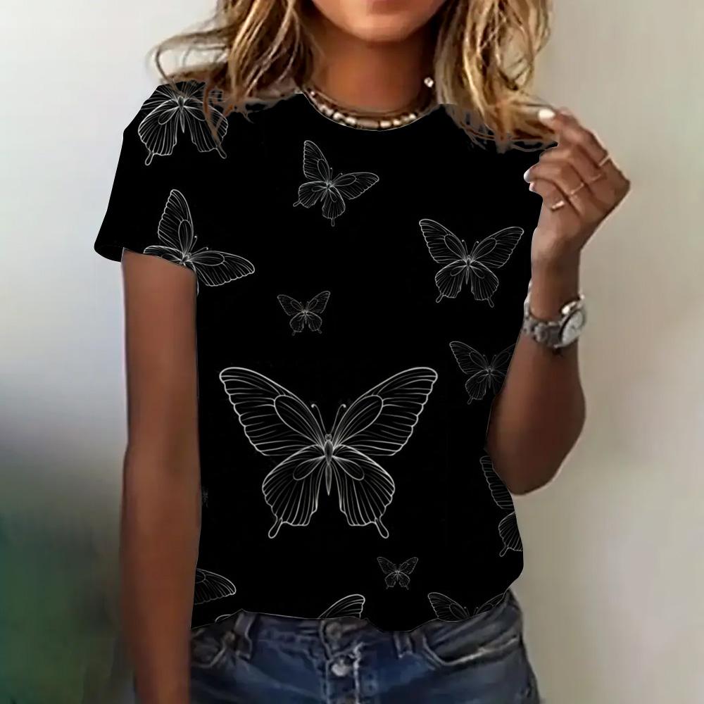 Women's Clothing Summer 3D Printed T-shirt Loose Breathable Short Sleeve Fashion Butterfly Print Round Neck Casual Top Women's T-shirt