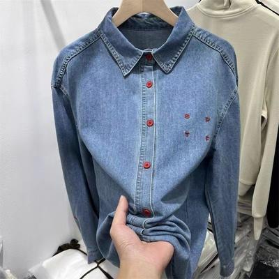 2024 Spring Autumn New Solid Color Letter Embroidery Polo-Neck Button Fashion Loose Commuter Long Sleeve Denim Shirt Coats Top