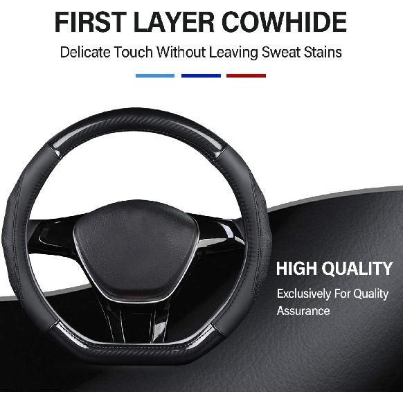 Ergocar Car Steering Wheel Cover Non-Slip Car Steering Wheel Protector Sport D-Shape Carbon Fiber & First Layer Cowhide Universal For Diameter