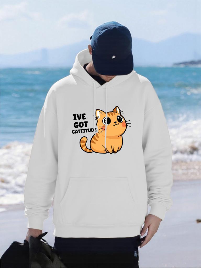 I Have Got Cattitude Cat Printing Mens Hoodies Comfortable Pocket Hoodie Fleece Autumn Clothing Casual All-Match Man Streetwear