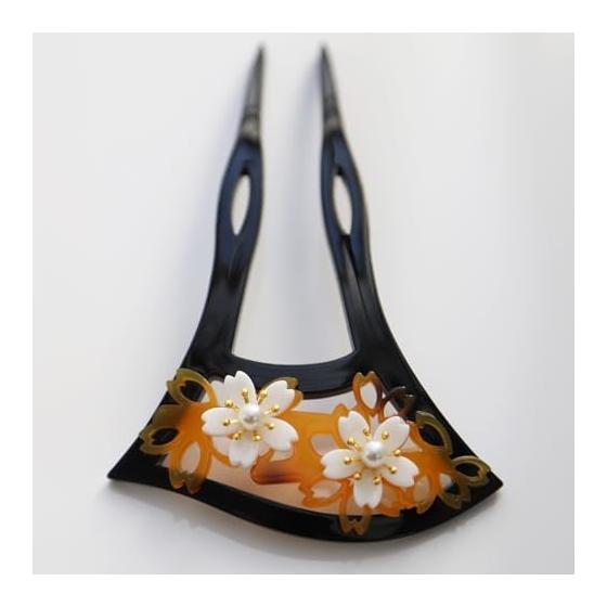 TOuWA Kanzashi Hair Stick, Uchiwa Style, Japanese Hair Ornament, Fan Shape, Pearl, Double Prong, Kimono, Tomesode, Yukata, Hakama, Furisode,