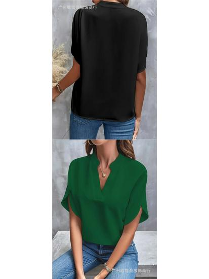 Women's Summer 2026 Solid Color V-neck Loose Shirt Top