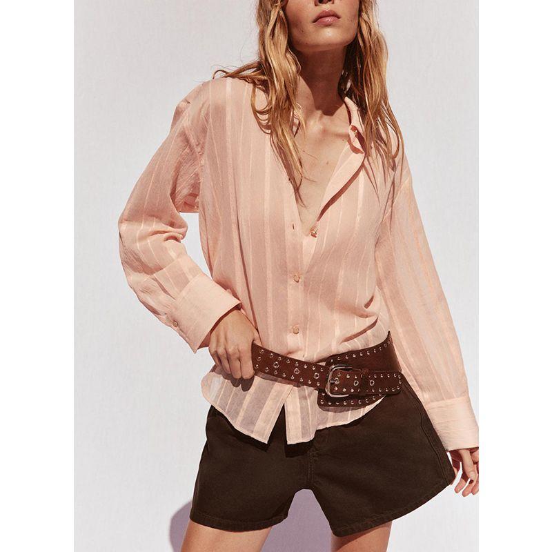 Summer New Product Women's Clothes Single Row Multi-Buckle Stripes Elegant Minimalist Long Sleeve Lapel Shirt Tops 3564069