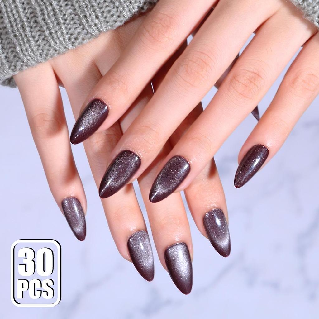 Stylish Cat Eye Press-On Nails: Medium Short Almond Teardrop Shape, 30-Piece Set, Simple Luxury Nail Art.