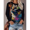 Womens Loose Fit Long Sleeve Round Neck Tee With 3D Peacock Cat Print - Milk Silk Fabric 2025 Casual Top