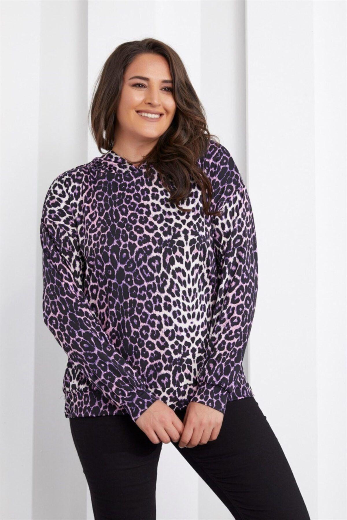 

Women s Style Big Size Sweatshirt Hooded Leopard Pattern Sweat-Fussia L