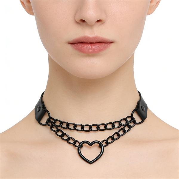 Unisex European Punk Black Leather Choker with Metal Chain and Lock Pendant.