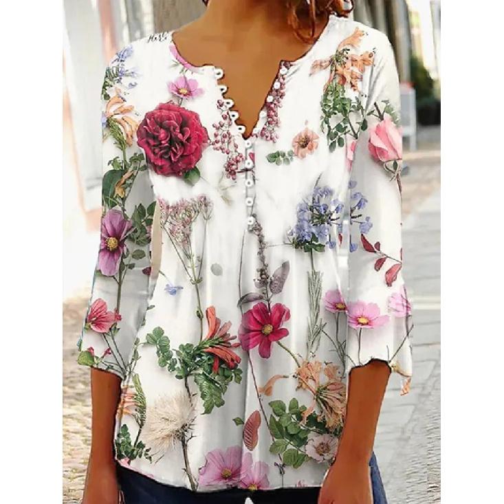 Women'S V-Neck Button-Down T-Shirt Summer Fashion Clothing Printed Top Popular Seven-Quarter Sleeve Clothing Y2k Women'S T-Shirt