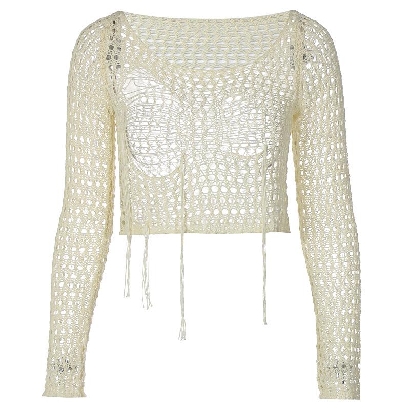 European and American Style Women's Knit Cover Up with Hole Design Sexy Spicy Girl Style Short Long Sleeve Top