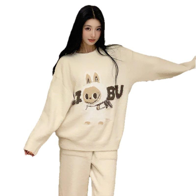 Women's Half-Velvet Pajamas: New Autumn/Winter, Plus Velvet, Thickened, Cute Embroidery, Pullover Design, Cozy Homewear, Suitable for Outdoor Wear.