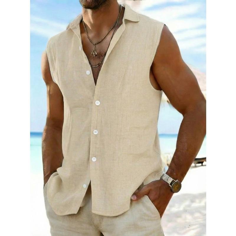Men's Summer Cotton Sleeveless Shirt Vintage Solid Color Casual Vest Tops Beach Holiday Lightweight Breathable Male Tank Shirts