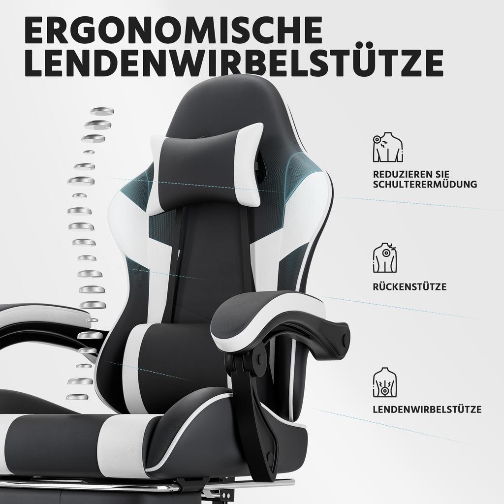 Gaming Chair, Ergonomic, Lumbar Support, Breathable PU Leather Office Chair, Load Capacity 200KG, Seat Height and Backrest Adjustable, Black-White