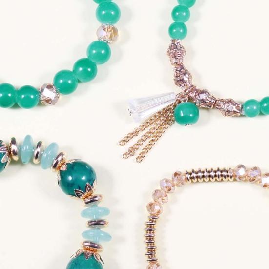 4Pcs/Set Boho Faux Agate Pearl Tassel Chain Charm Beaded Bracelet Women Jewelry