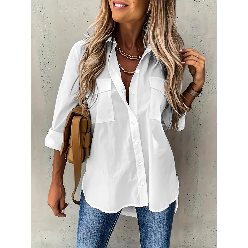 TIFICY Damenmode, lässig, Frühling und Herbst, einfarbig, langärmelig, Polo-Ausschnitt, Blusen und Hemden