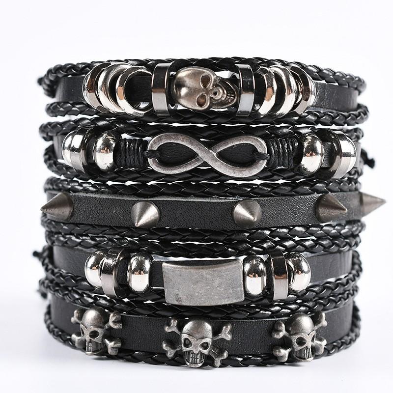 5 Piece Vintage Hip Hop Skull Leather Bracelet for Men's Gothic Punk Teenage Street Jewellery Accessories Man Handmade Bracelet