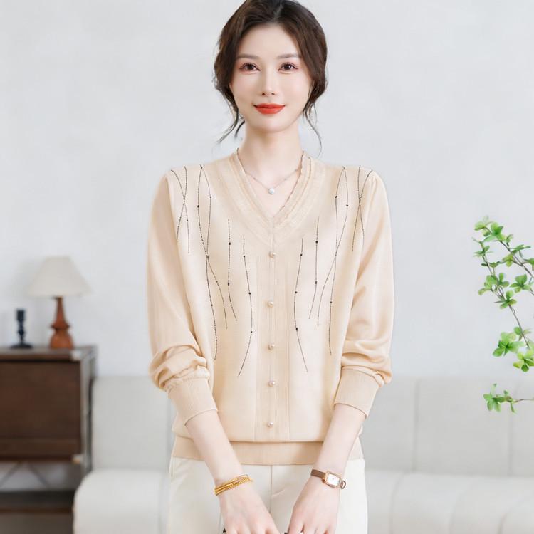 2026 Spring V-Neck Patchwork Knitwear: Ice Silk & Lurex Thread XXL