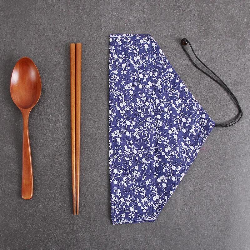 Wooden Cutlery Sets With Spoon Fork, Environmentally Friendly, Travel Portable, Tableware, Chopsticks, Cloth Bag