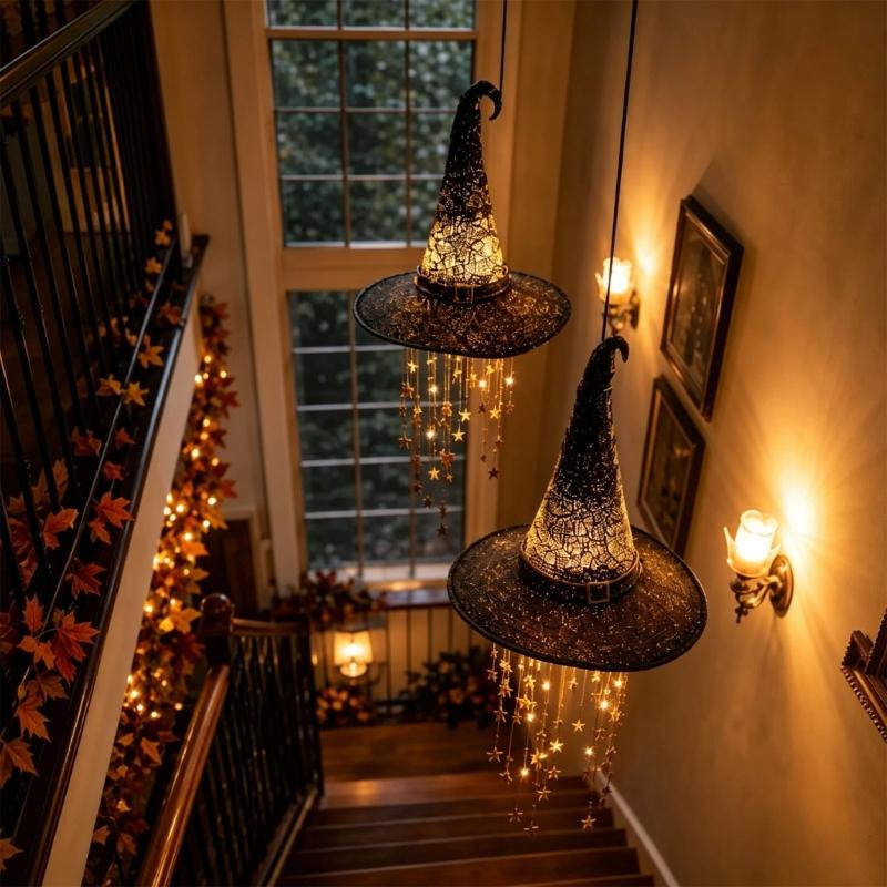 Hat Halloween Hanging Piece with Warm LED Light and Hanging Star for Porch Window Entryway Seasonal Accent Display Piece