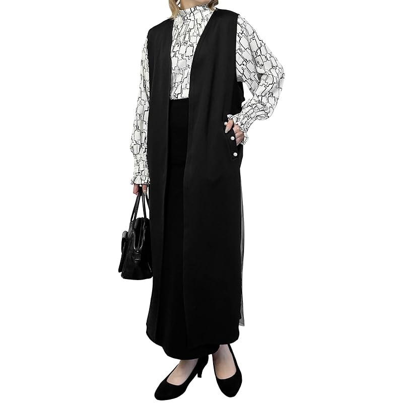 

[meirire] long gilet ladies Pearl pocket x tulle lace long vest spring/summer autumn/winter occasion maylie lou (M, black)