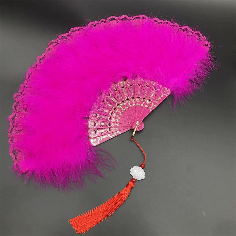 White Feather Fan Full Velvet Thickening Cheongsam Catwalk Folding Fan Yudi Boutique Night Shanghai Chinese Ancient Style Dancing Folding Fan Female