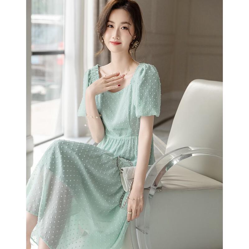 Demana French Square Neck Lace Tiered Dress L светло-зеленый
