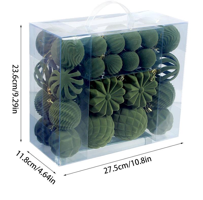 48-Piece Set: Flocked Christmas Balls in Army Green & Wine Red (4/6/8cm) Ornaments