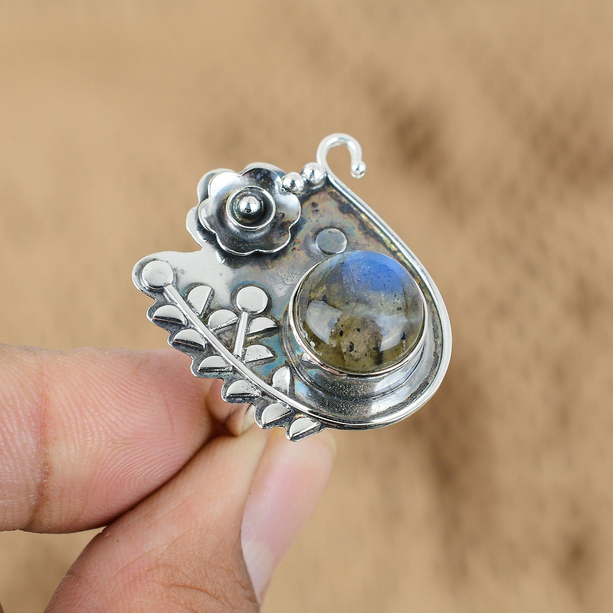 

925 Silver Third Eye Chakra Labradorite Stone Mother Flower Promise Ring Jewelry Yes