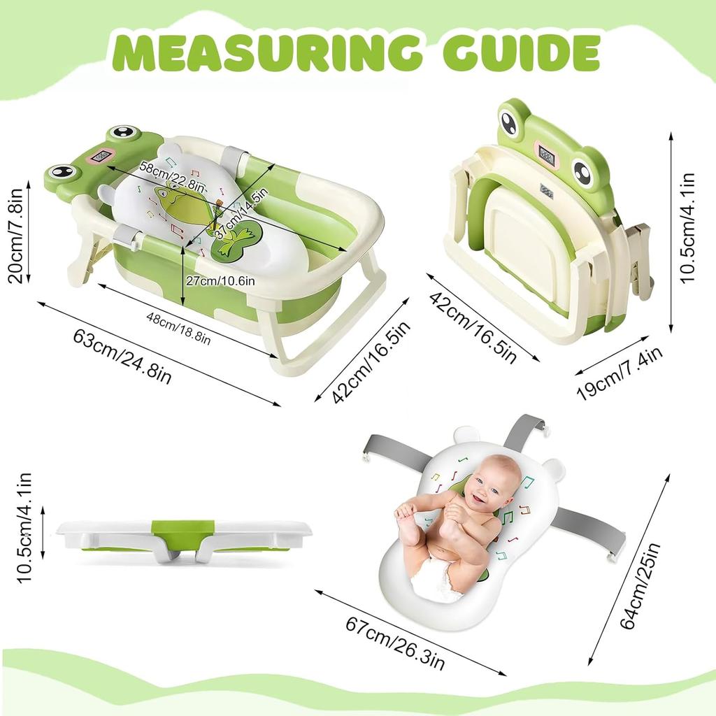 Baby Bath Tub with Bath Cushion Foldable Bathtub with Thermometer Shower Cap Shower Brush for Newborn and Toddler 0-36 Months