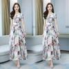 New women's short-sleeved printed imitation ice silk dress French retro women's elegant beach long skirt