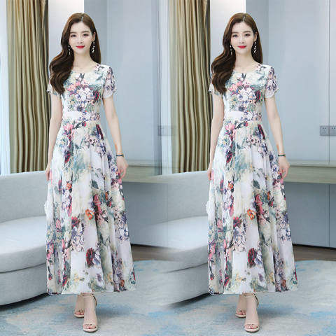 New women's short-sleeved printed imitation ice silk dress French retro women's elegant beach long skirt
