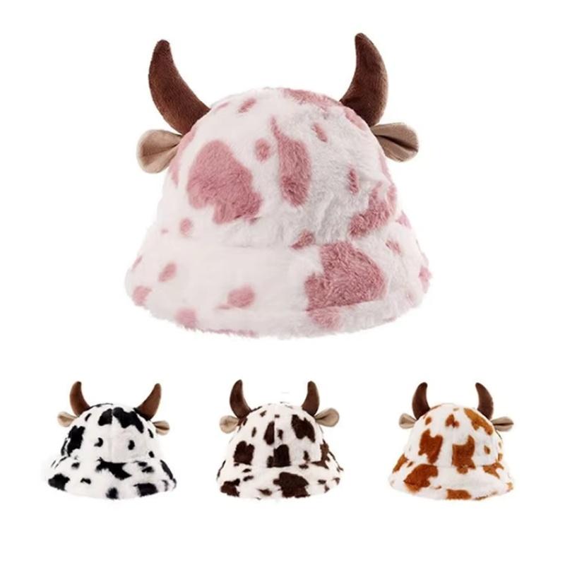 Autumn Winter Adorable Cow Print Influencer Fisherman's Hat Plush Beanie Warm Bucket Hat for Women Thickened Cow Print Hat