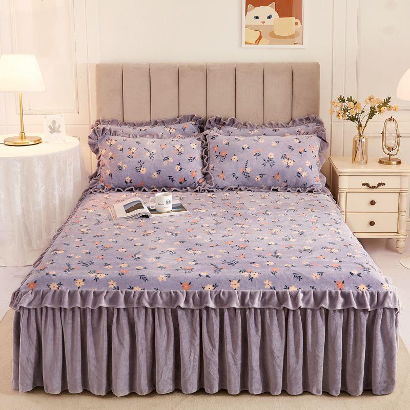 3 stücke Kleine Blumenmuster Plüsch Bett Rock Winter Dicke Volant Rand Tagesdecke Matratze Schutzhülle Anti Slip Bettlaken