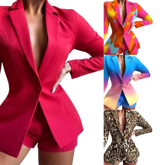 2 Pcs/Set Women Blazer Shorts Set Long Sleeves Slim Fit Elegant Deep V Neck Wash-and-wear Leopard Print