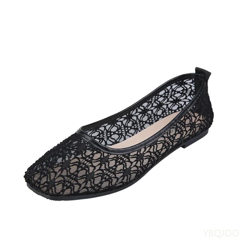 Moteriški permatomi nėriniai, minkšti balerinos bateliai, moteriški kvadratinio piršto, seksuali juoda, laivelio tipo avalynė, vasariniai, kvėpuojantys, smėlio spalvos, neslystantys, plokščiapadžiai, 35-40 dydžiai