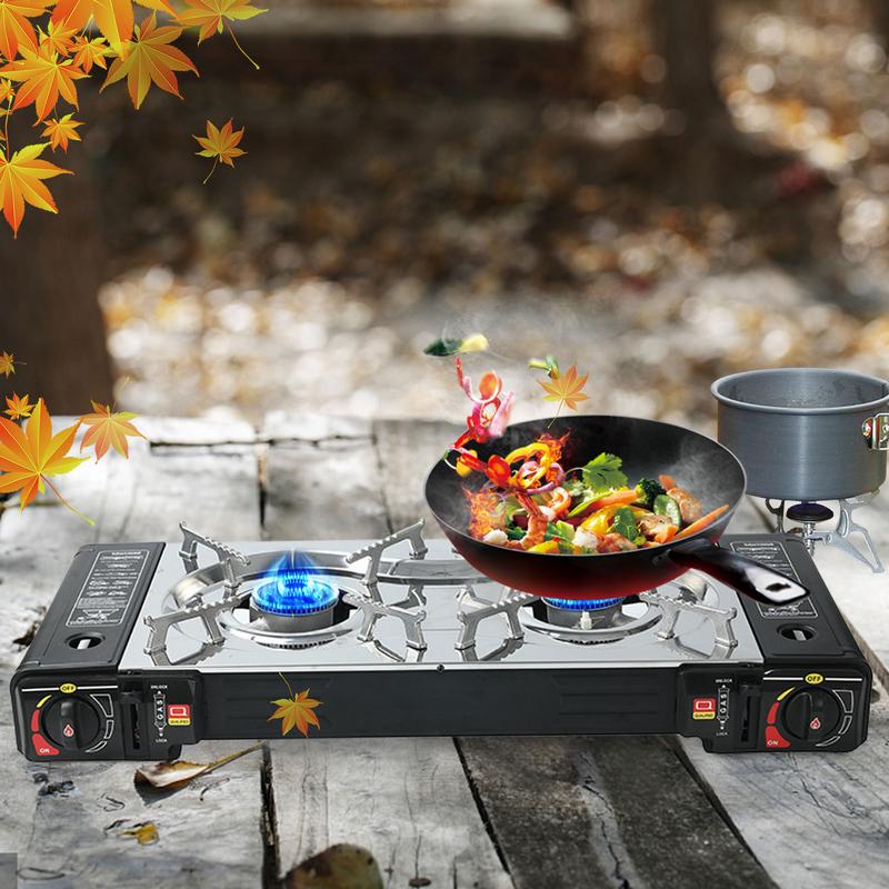 Double Burner Gas Stove Portable Camping Cassette Furnace Kitchen Double Stove Cooktop Outdoor Camping Picnic Cooker Accessories