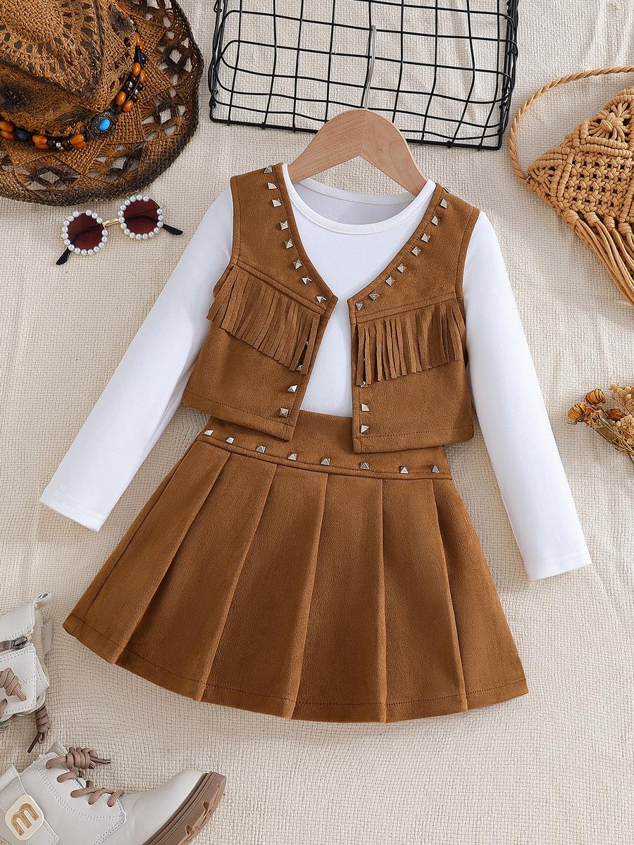 

Cowboy Style Girls Outfit Set - Long Sleeve T-Shirt with Fringed Studded Jacket & Studded A-Line Skirt (3 Piece Set) 130cm верблюд