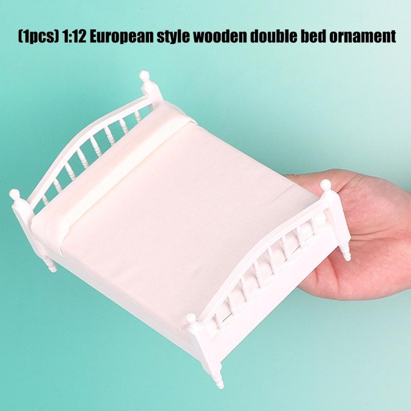 1/12 European Styles Wooden Doll House Bed For Miniature Room Decoration And Collectible Scene Display Accessories