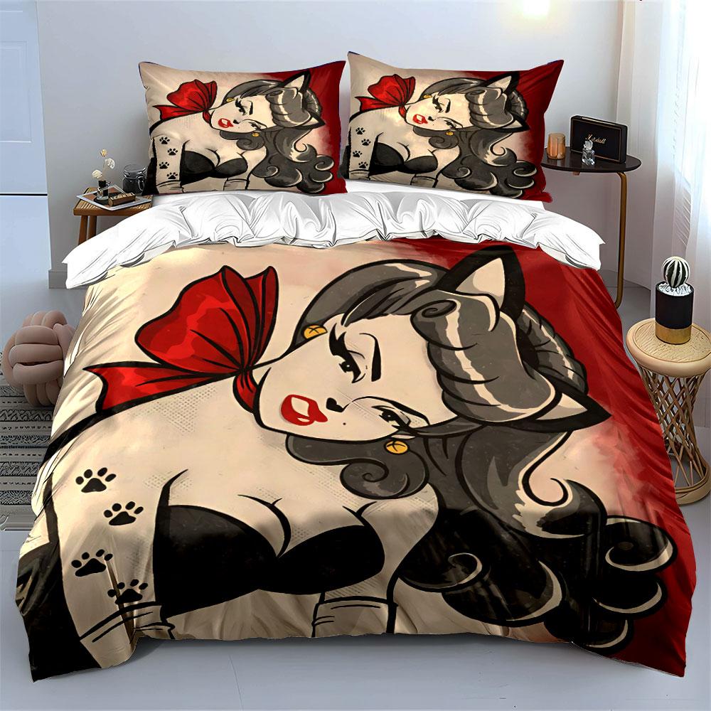 Vintage Cat-Eared Pin-Up Design Bedding Duvet Cover Set Duvet Cover Pillowcases (1*Duvet Cover 2*Pillowcases, Without Duvet Insert)