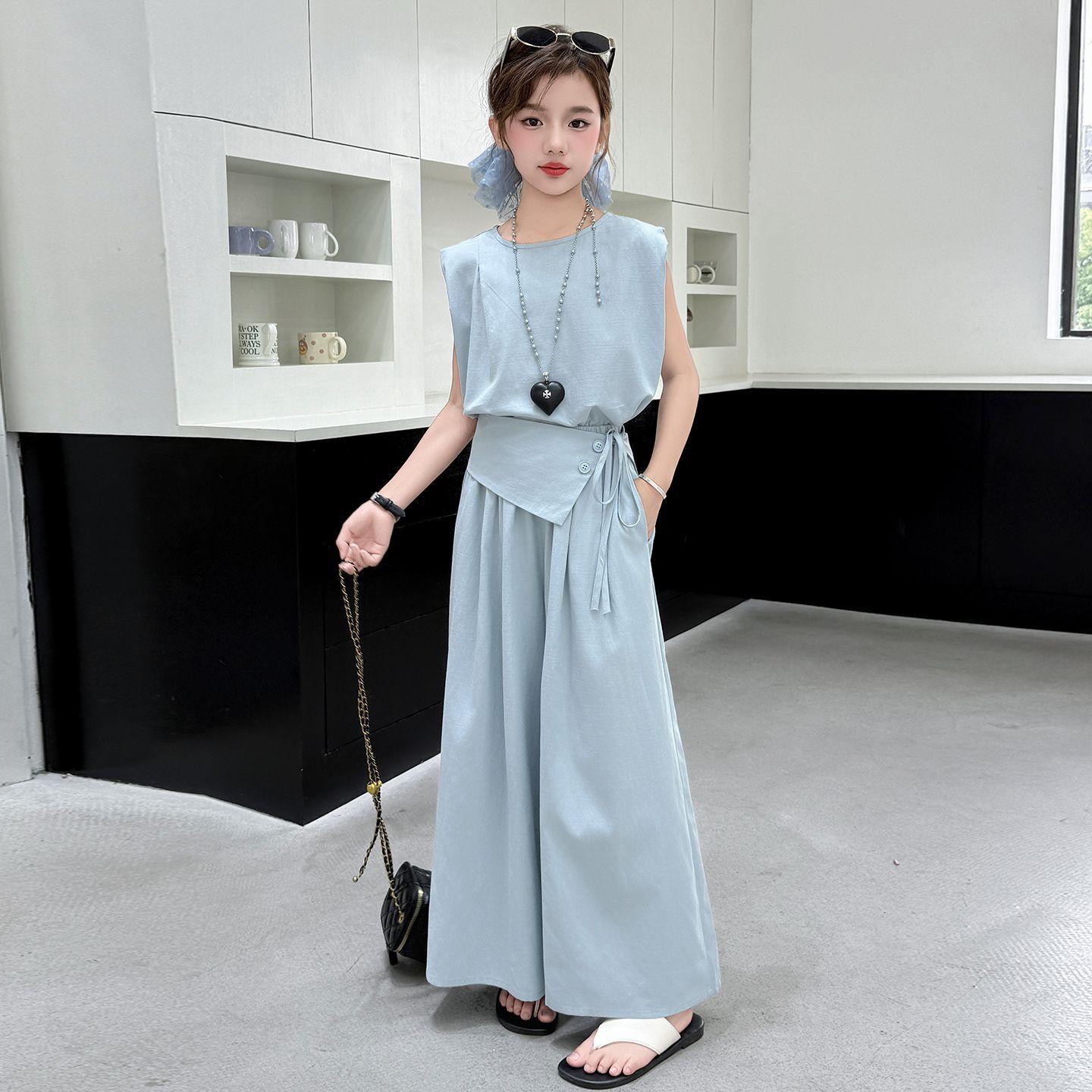 

Girls Summer Vest Top Wide Leg Skirt Pants Set, Children s Waist Cinching Slim Fit Design Two-piece Set 170